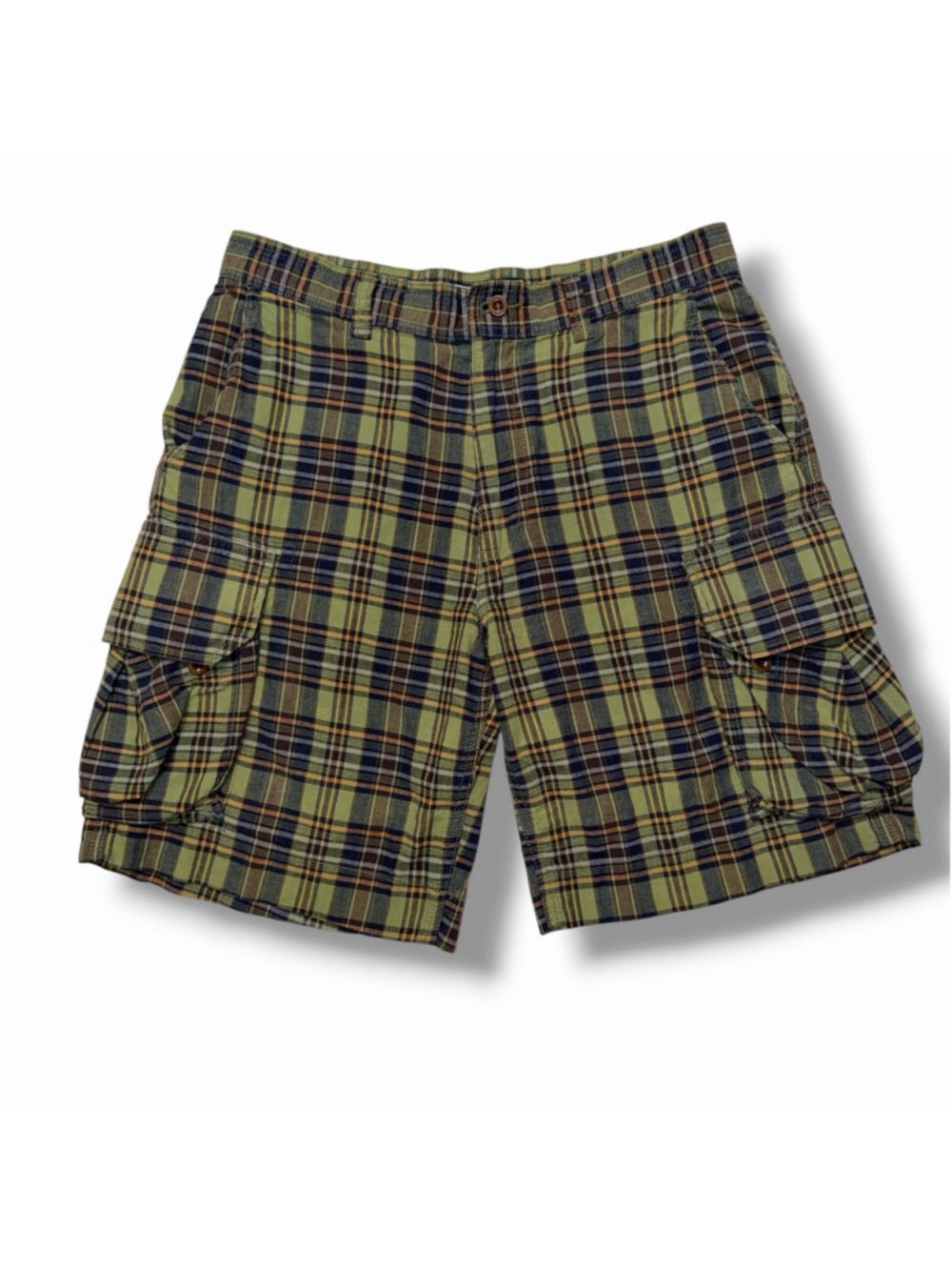 VTG Y2K Polo Ralph Lauren Plaid Cargo Shorts 33 Green Blue Heritage 100% Cotton